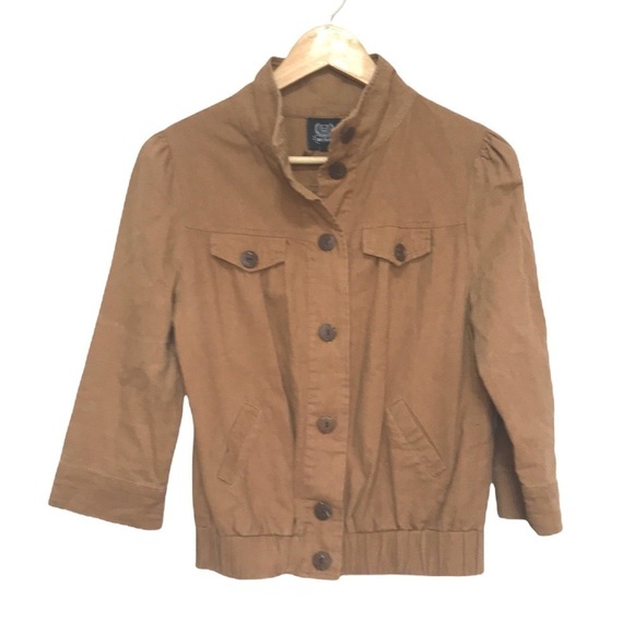 𝅺MINE linen blend rust colour 3/4 sleeve lightweight bomber jacket M - Picture 1 of 10